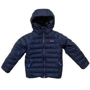 Patagonia Reversible Hooded Puffer Down Jacket Size 4T Aztec Pattern Blue